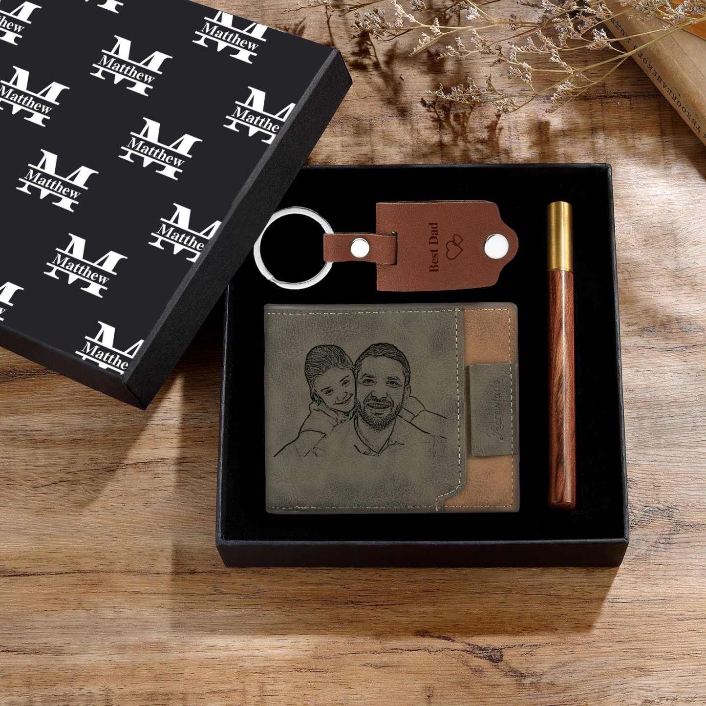 Personalized Leather Wallet Gift Box Set with Keychain Customizable Photo,Text ,Name and Letter Wallet Gift for Him