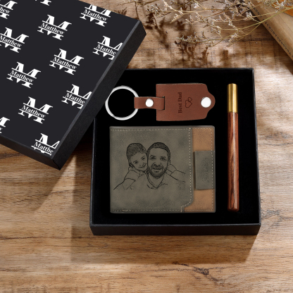Personalized Leather Wallet Gift Box Set with Keychain Customizable Photo,Text ,Name and Letter Wallet Gift for Him