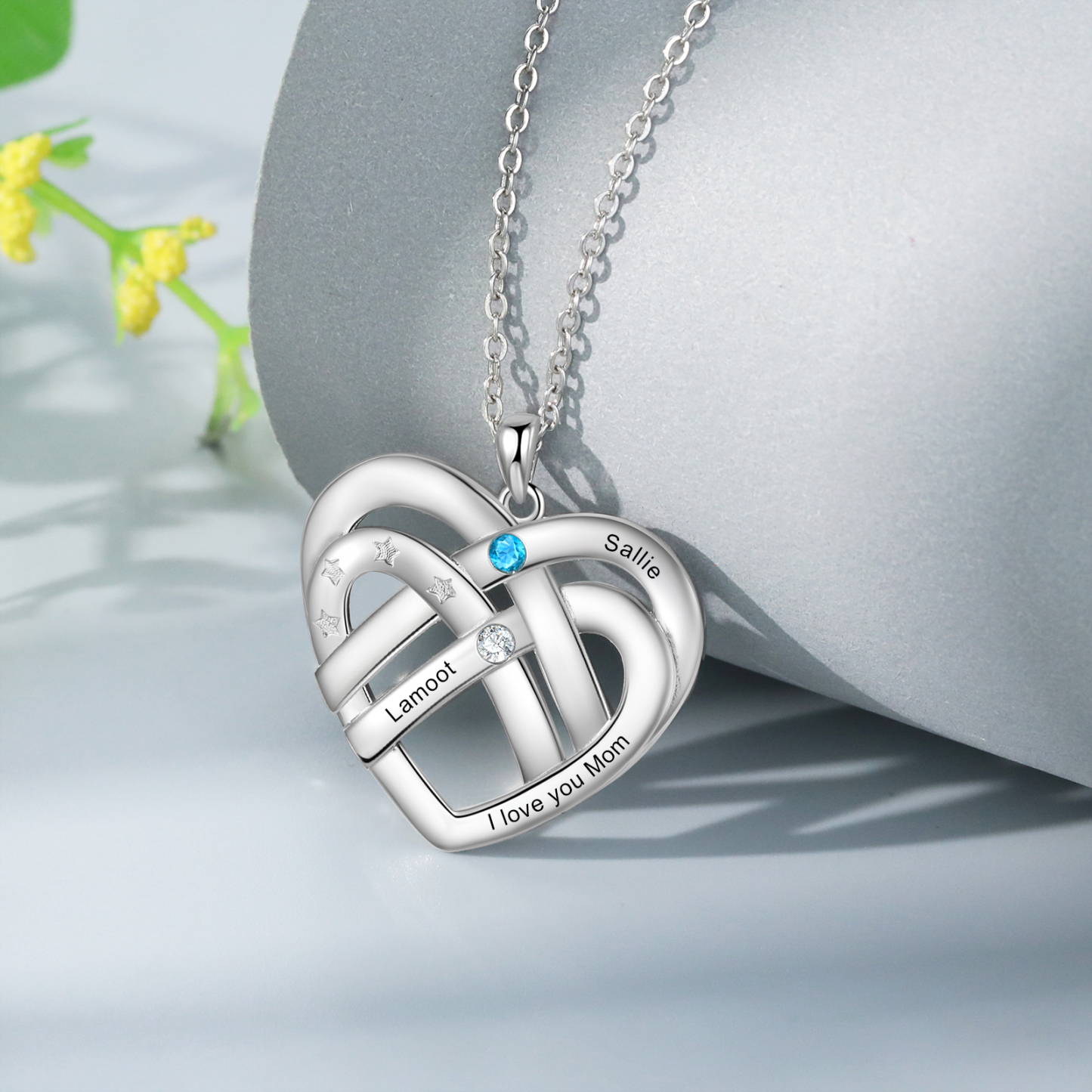 2 Names - Personalized Double Layer Heart Necklace with Custom Name and Birthstone, As a Mother's Day Gift for Mom