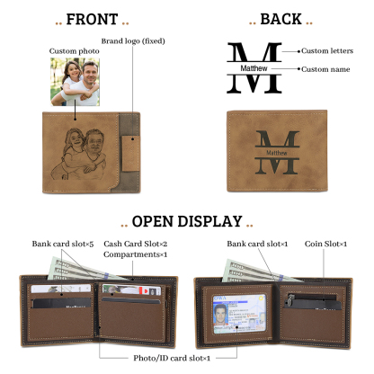 Photo Personalized Leather Men's Wallet Customized Name Letter Folding Wallet Two Colors Available with Gift Box for Dad
