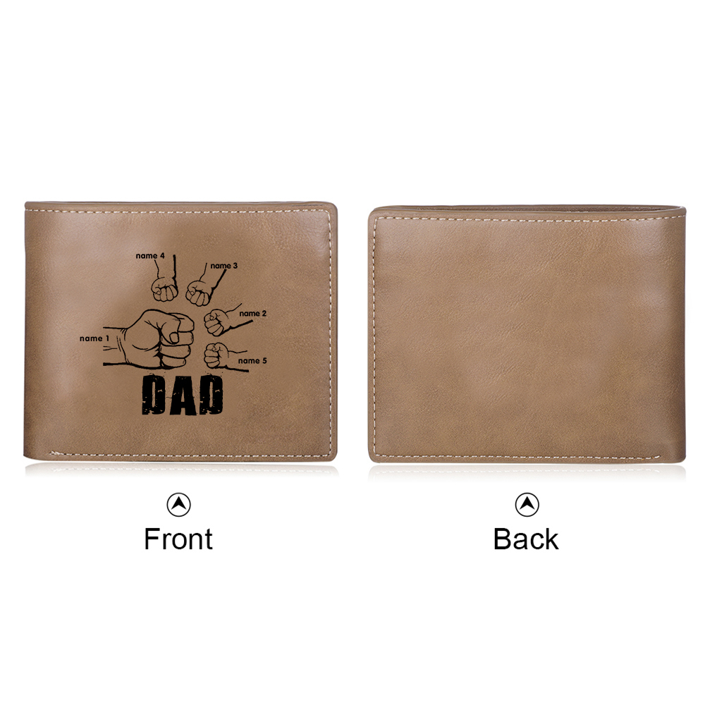Personalized Leather Mens Wallet Engraved 5 Names Fist Bump Folding Wallet Father's Day Gifts