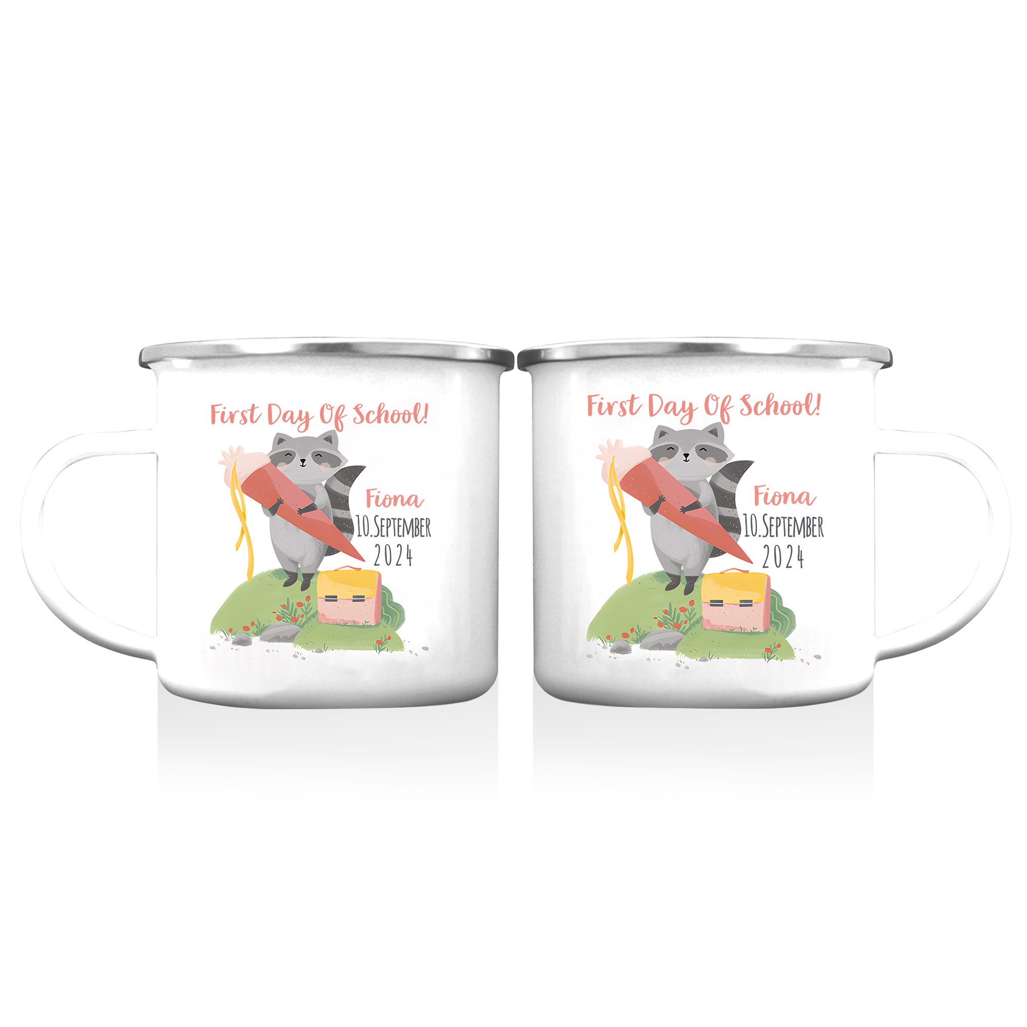 Personalized Name And Date Enamel Mug Children'S Raccoon Pattern Back To School Gift For Kid