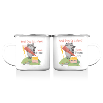Personalized Name And Date Enamel Mug Children'S Raccoon Pattern Back To School Gift For Kid