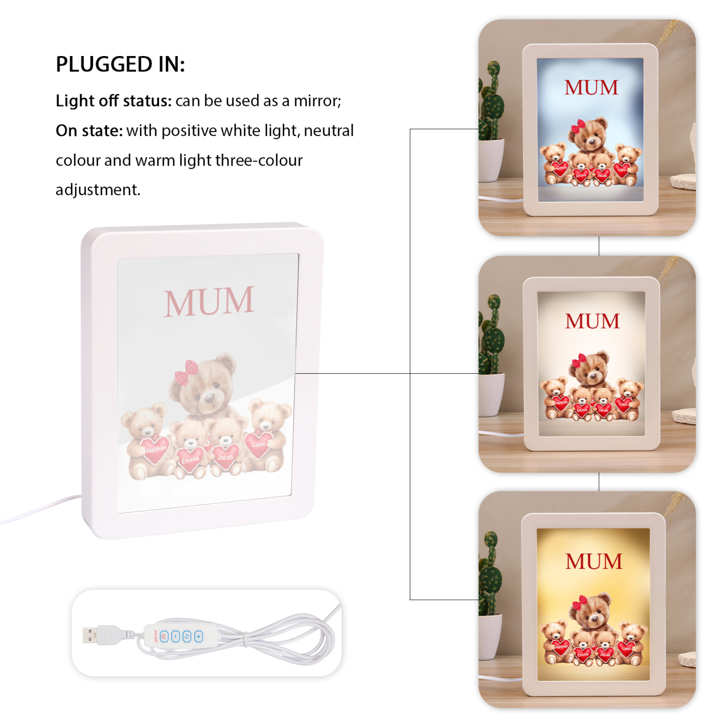 4 Names - Personalized Mum Home Bear Style Custom Text LED Night Light Gift for Mom