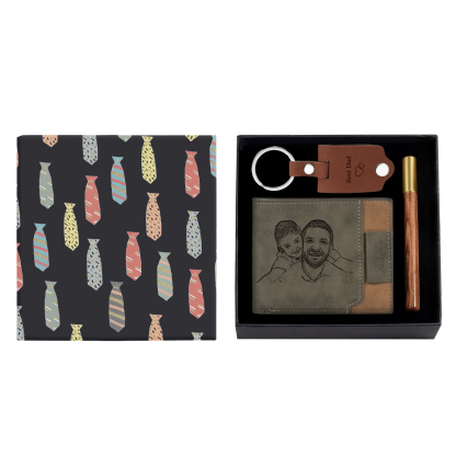 Personalized Leather Wallet Gift Box Set with Keychain Customizable Photo,Text ,Name and Letter Wallet Gift for Him