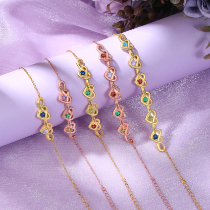 Personalised Women’s Birthstone Bracelet – Customised with 3 Names, 3 Birthstones & Engraved Text, Heart & Infinity Design – Valentine’s Day Gift for Her | Jessemade