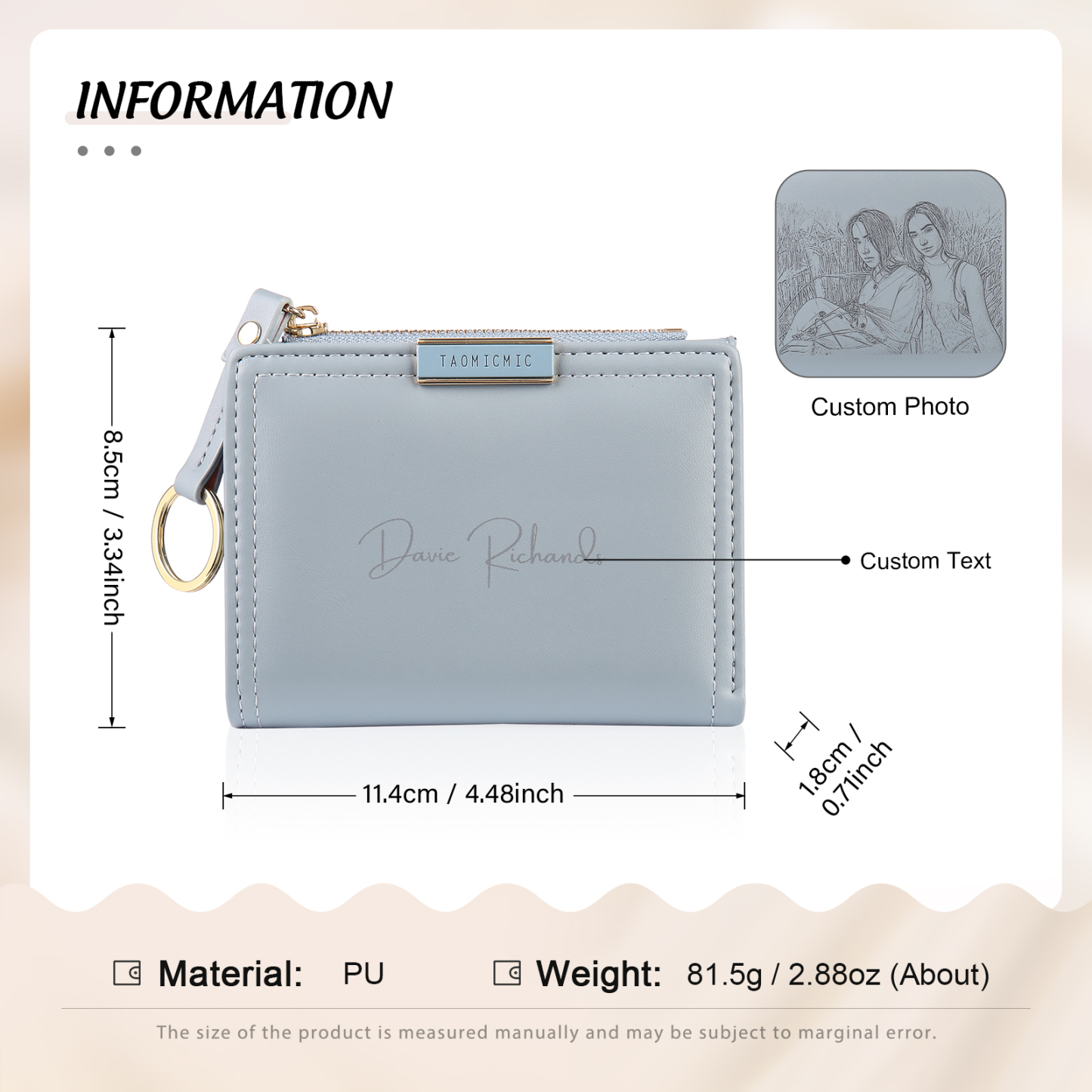 Personalized Photo And Text Pu Leather Zipper Wallet Coin Purse Three Colors Optional Gift For Women
