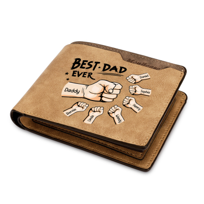 7 Names - Personalized Fist Bump Pattern Custom Text Leather Men's Wallet as a Father's Day Gift for Dad