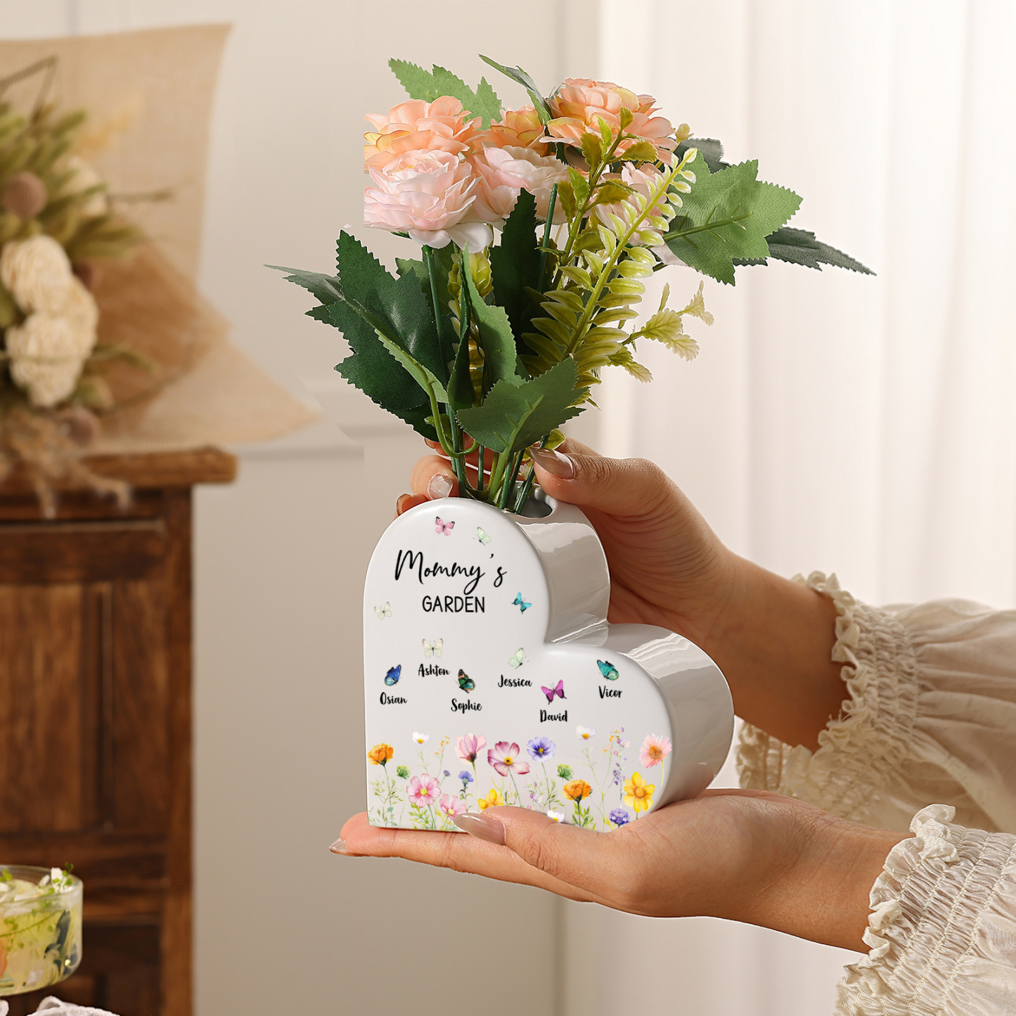 Personalized Heart Shaped Ceramic Vase with Floral and Butterfly Design Customized with 1–10 Names
