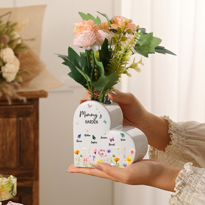 Personalized Heart Shaped Ceramic Vase with Floral and Butterfly Design Customized with 1–10 Names