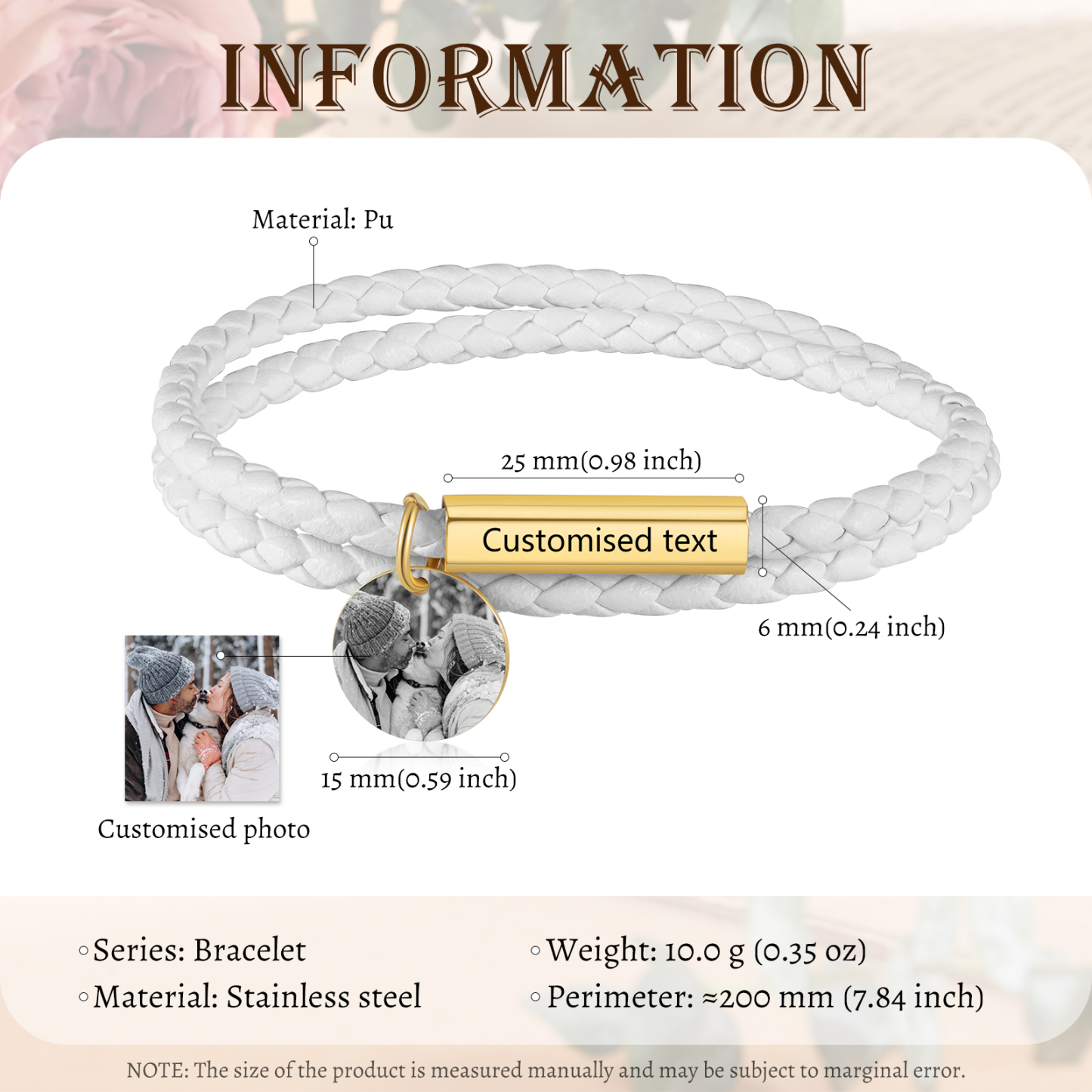 Personalized Text Leather Bracelet Custom Photo EngravedStainless Steel Bracelet Personalized Gift for Him/Her