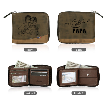 2-Names Personalized Leather Men's wallet With Card Slot Engraved With Name And Photo For Papa As a Father's Day Unique Gift