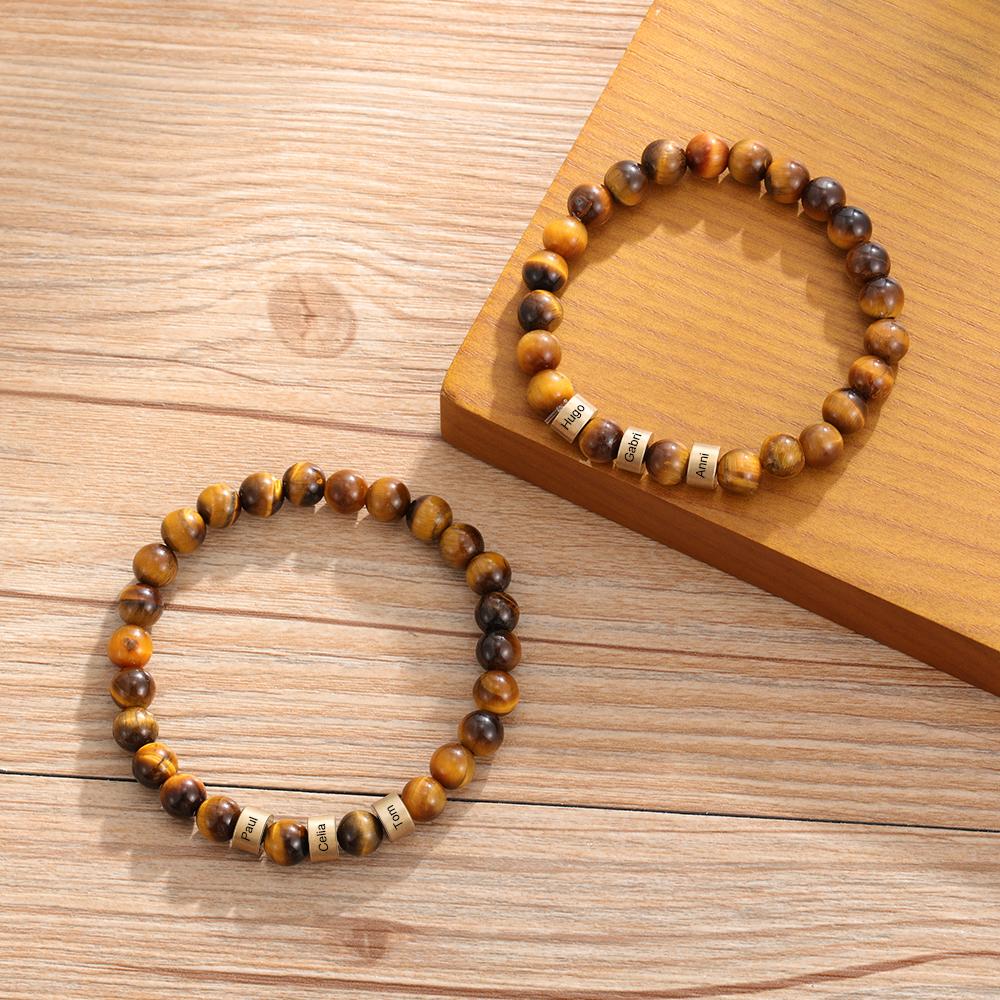 Personalized 4 names Brown Tiger Eye Men's Bracelet Gift For Him