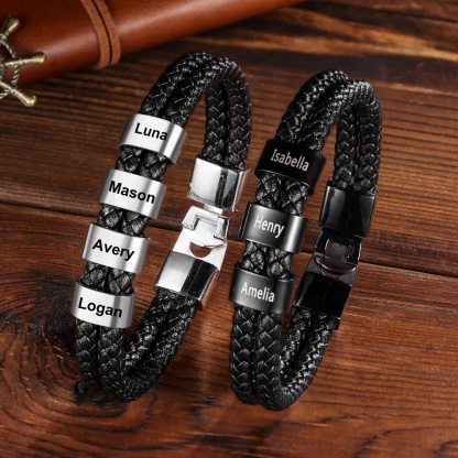 Personalized Men's Bracelet with Custom 2 Names Braided Leather Bracelet Set with Gift Box Valentine’s Day Gift for Him | Jessemade