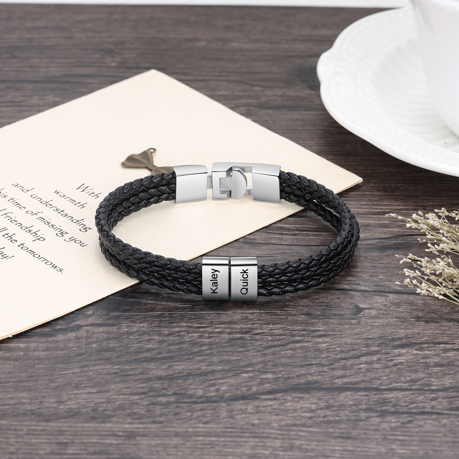 Personalized Braided Leather Bracelet Engraved 2 Names Men's Bracelet Gifts For Him