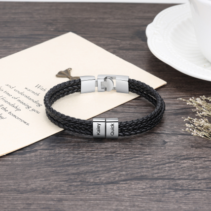 Personalized Braided Leather Bracelet Engraved 2 Names Men's Bracelet Gifts For Him