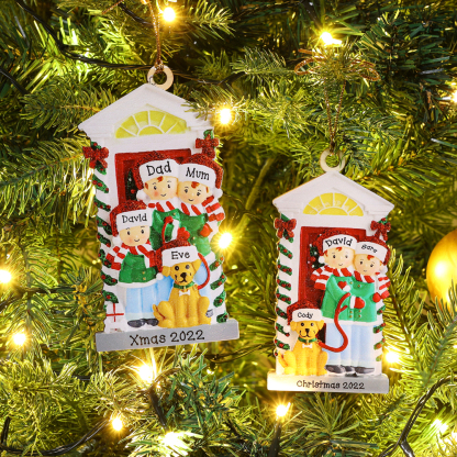 3 Names+Dog Name-Personalized Family Christmas Xmas Tree Decoration Hanging Wooden Ornament with Name-Family with Dog