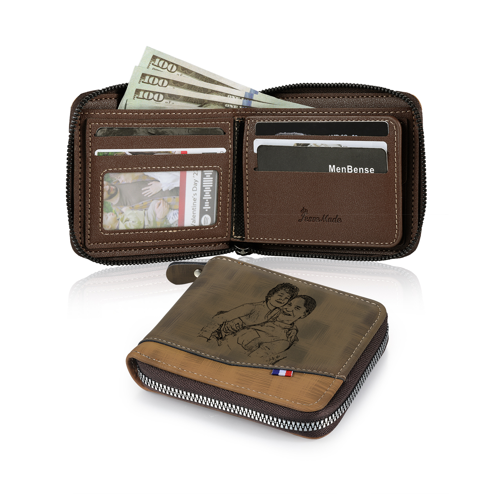 2 Names - Personalized Photo Custom Leather Men's Zipper Wallet as a Father's Day Gift for Dad