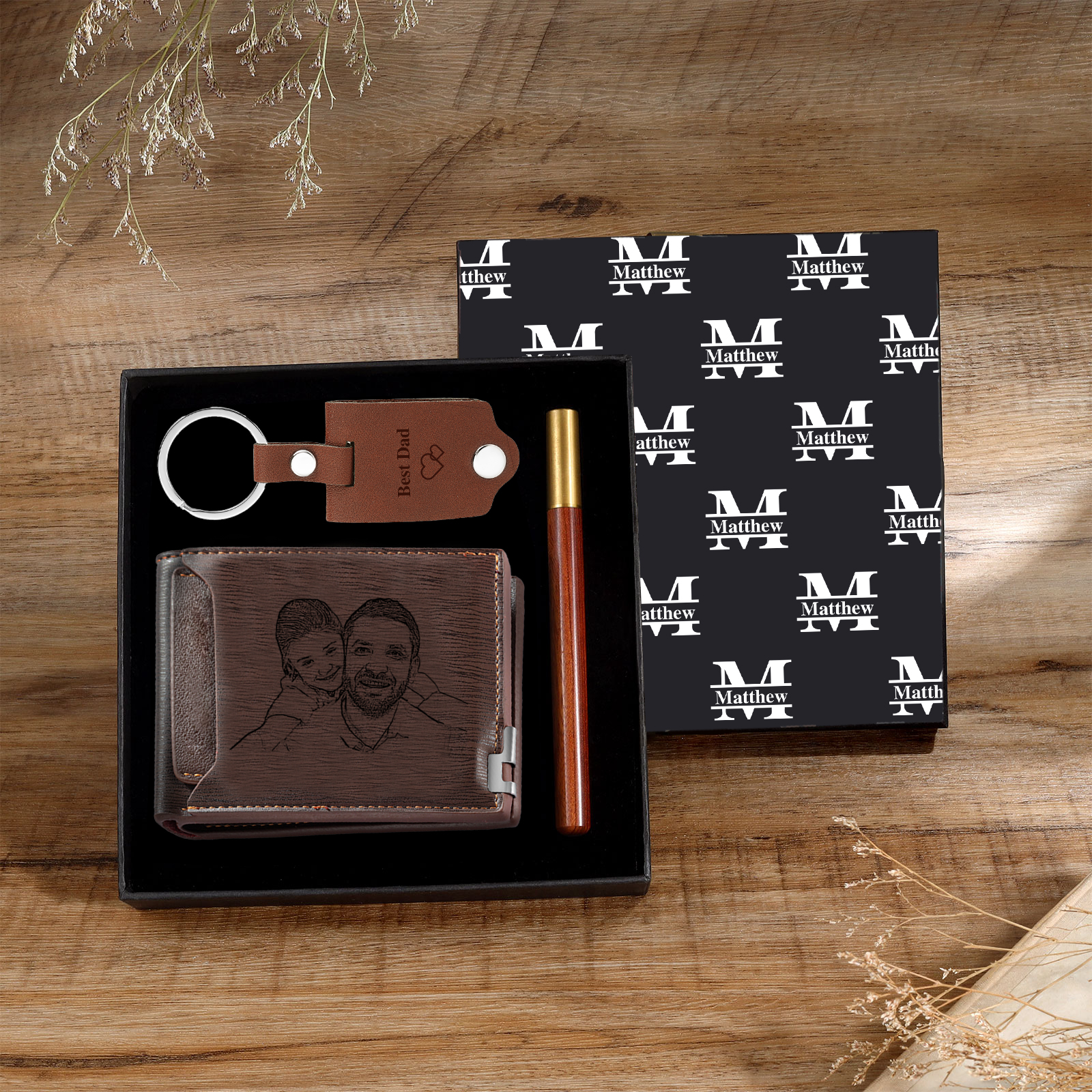 Personalized Leather Wallet Gift Box Set with Keychain Customizable 2 Photo, Name and 3 Text Wallet Gift for Him
