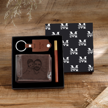 Personalized Leather Wallet Gift Box Set with Keychain Customizable 2 Photo, Name and 3 Text Wallet Gift for Him