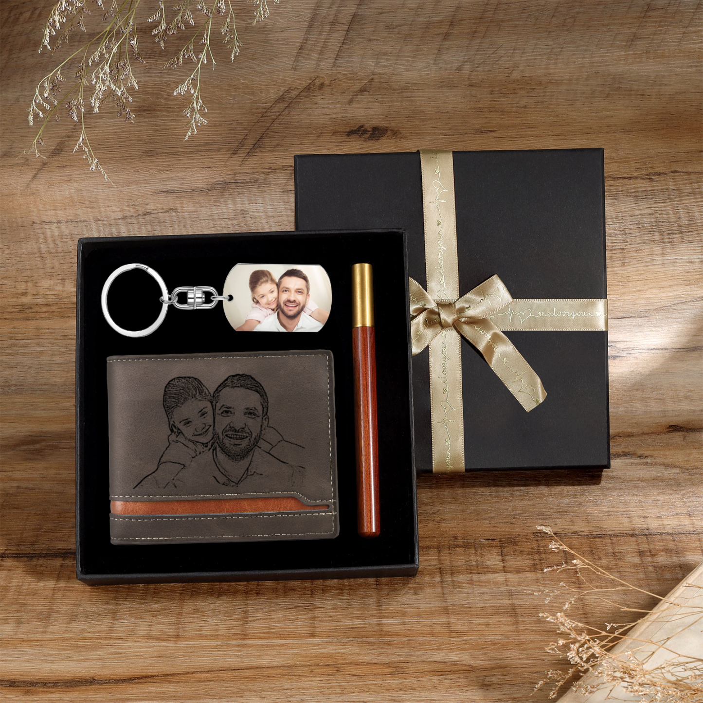 Personalized Leather Wallet Gift Box Set Keychain Strap Customizable 2 Photos 1 Letter and 1 Text Gift for Dad