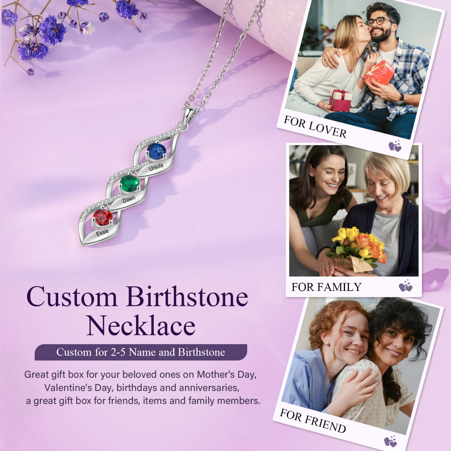 3 Names - Personalized Necklace Custom Birthstone Necklace Engraved with Name A special Gift For Mom/Grandma