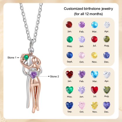 Couple Hug Birthstone Necklace, Two-Tone Heart Pendant for Women