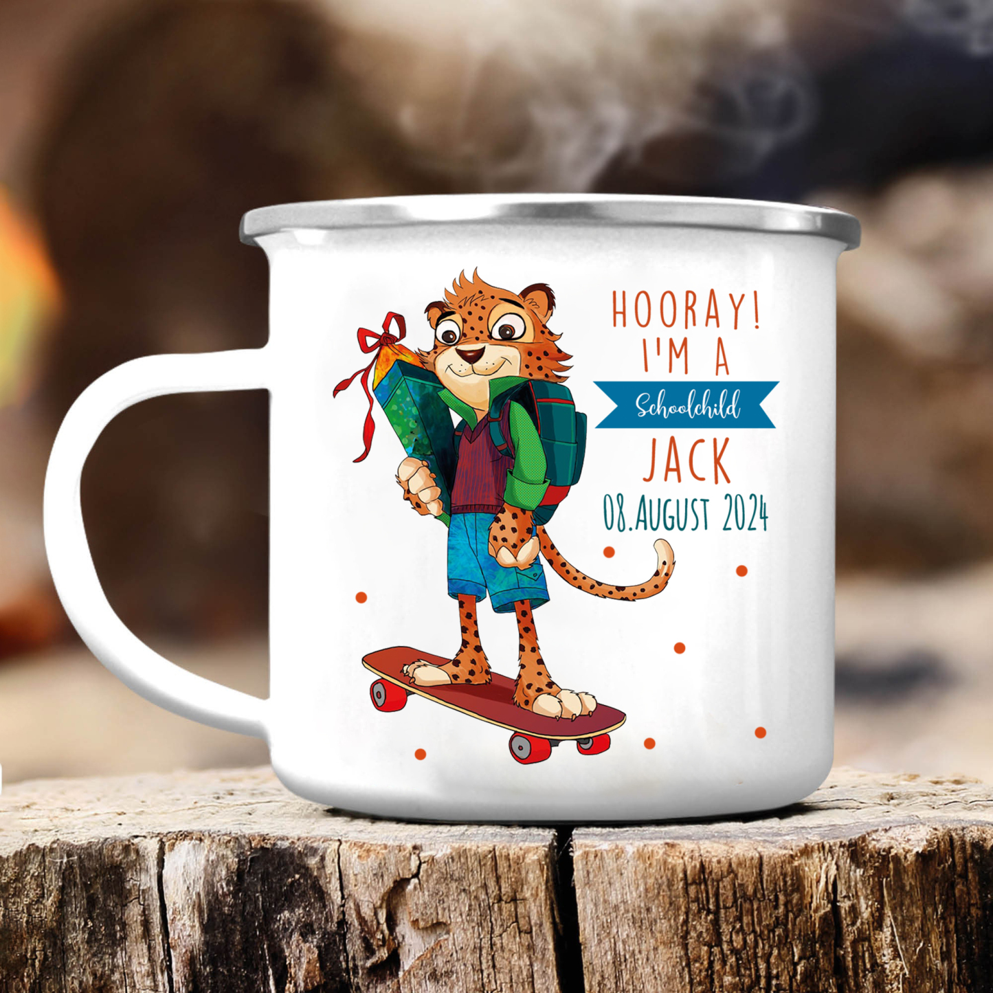 Personalized Name And Date Enamel Mug Leopard Pattern Back To School Gift For Kid