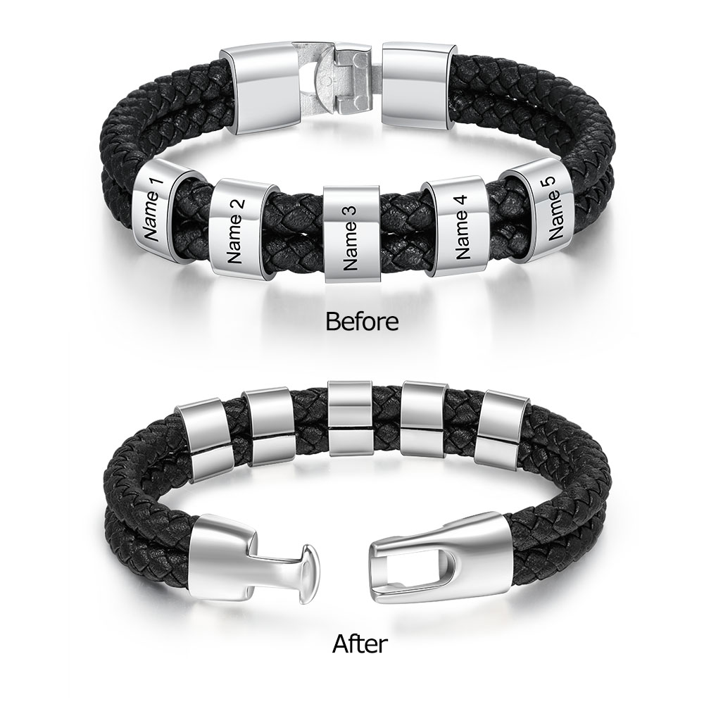 Customized  Braided Leather Bracelet Engraved 5 Names Men's Bracelet Gifts For Him