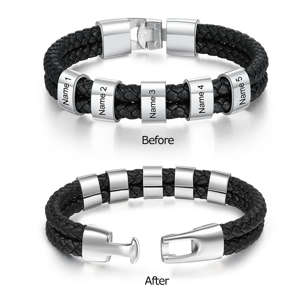 Customized  Braided Leather Bracelet Engraved 5 Names Men's Bracelet Gifts For Him