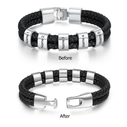 Customized  Braided Leather Bracelet Engraved 5 Names Men's Bracelet Gifts For Him