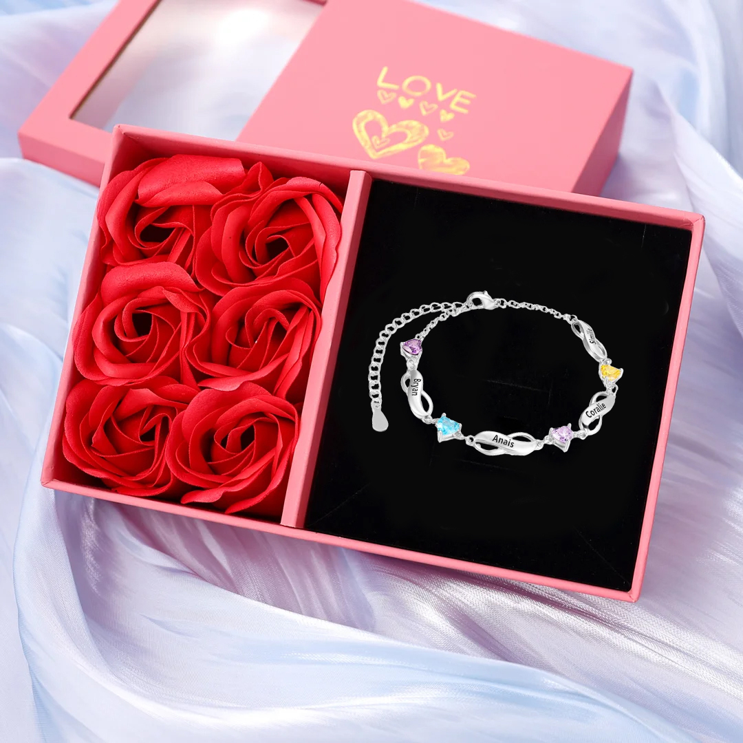 Personalized Infinity Bracelet With 1 Birthstone Engraved Names Bracelet Gift For Women