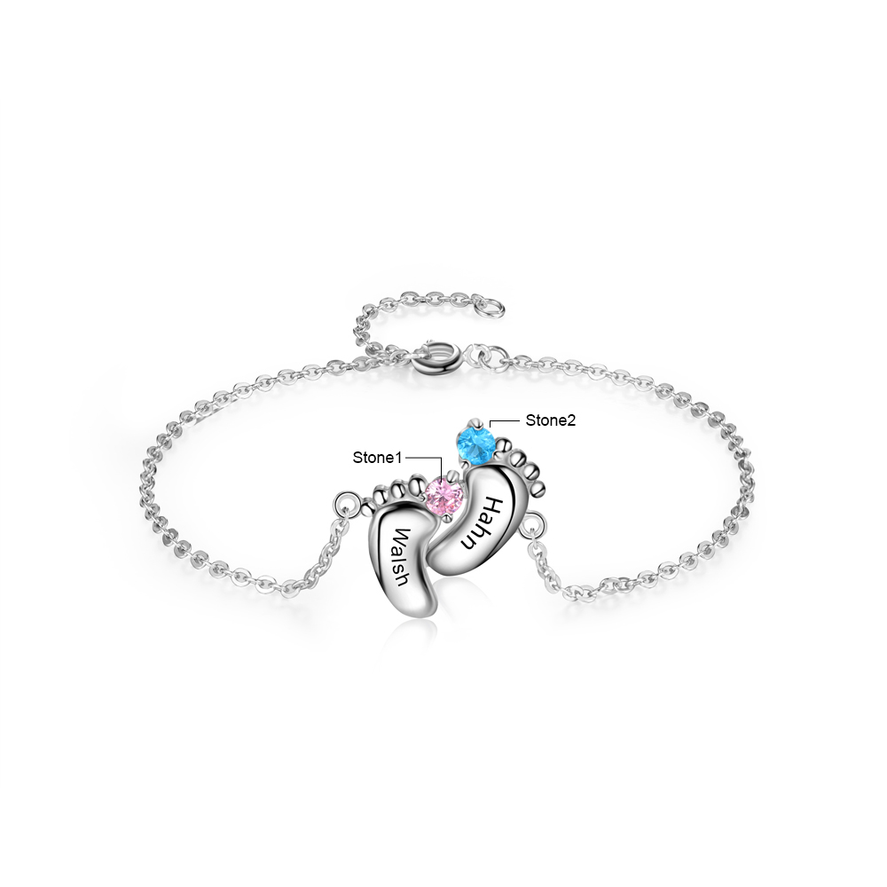 Personalized Baby Foot Bracelet With 2 Birthstones Engraved Names Gift For Mother