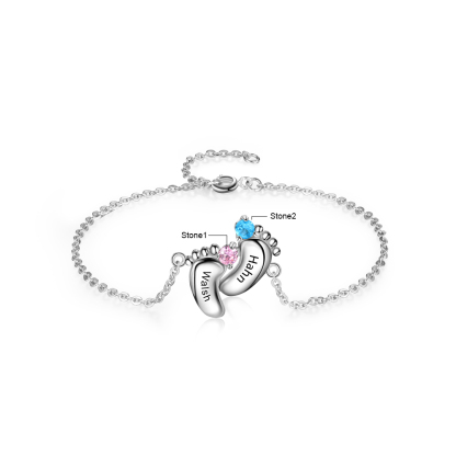 Personalized Baby Foot Bracelet With 2 Birthstones Engraved Names Gift For Mother