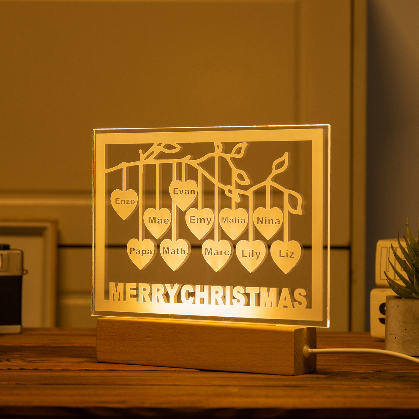 Personalized Family Tree Night Light LED Sign Engraved 11 Names Plaque USB Power Lamp