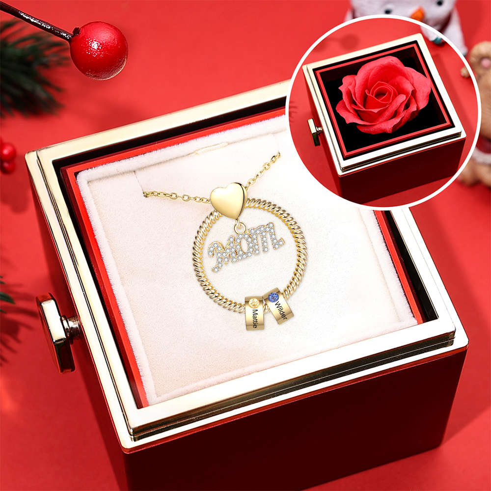 3 Names-Personalized Mom Necklace Set With  Premium Rotating Rose Flower Gift Box-Custom Necklace With 3 Birthstones Engraved Names Gift For Mother