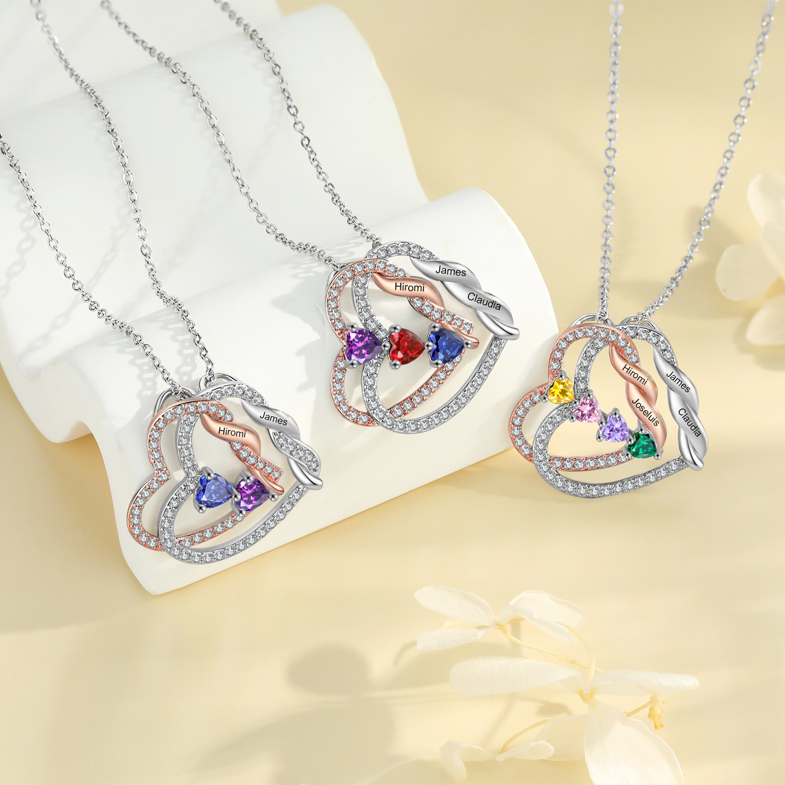 Personalized Heart-to-Heart Birthstone Necklace with Names – Custom Diamond Pendant Gift | Jessemade