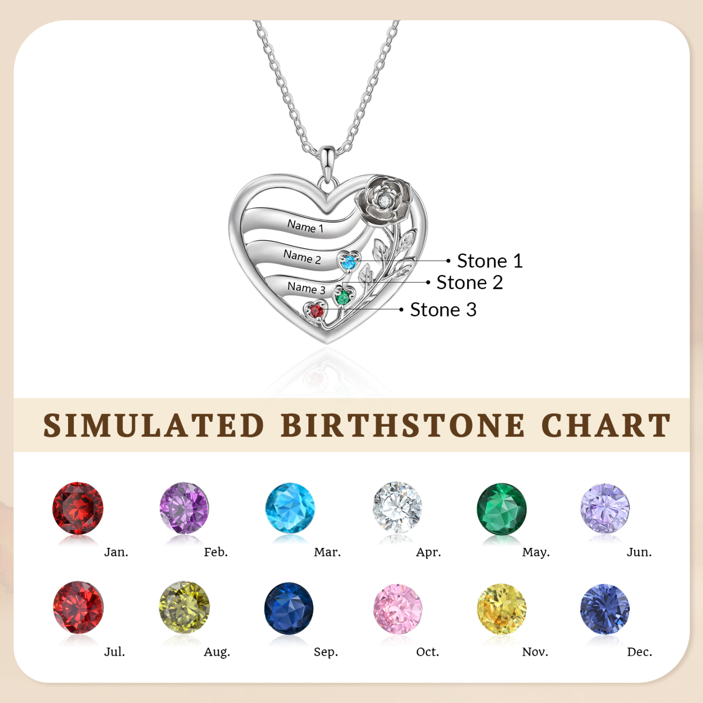 Personalized Rose Heart Birthstone Necklace Custom with 2–5 Names