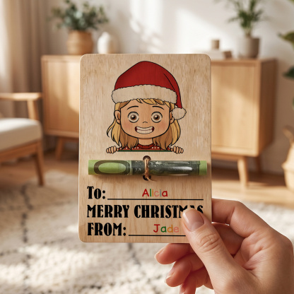 Personalized Wooden Christmas Money Holder with 2 Names Cash Gift Card for Child