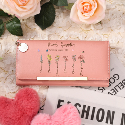 Personalized Women’s Leather Wallet Custom with 1–8 Birth Flowers and Names “Grandma’s Garden” Leather Wallet, Mother’s Day and Birthday Gift for Mom, Wife, Grandma | Jessemade