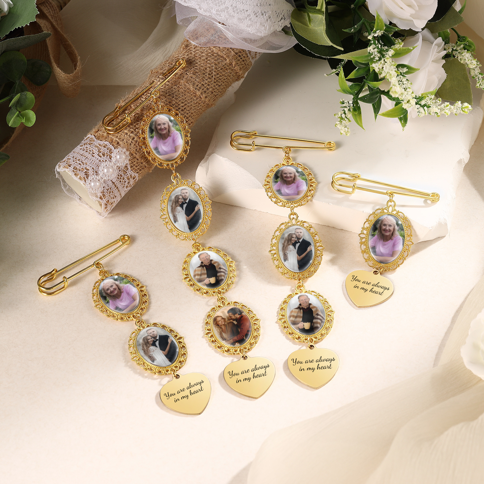 Personalized Wedding Photo Brooch Memorial Bridal Bouquet Groom Lapel Pin