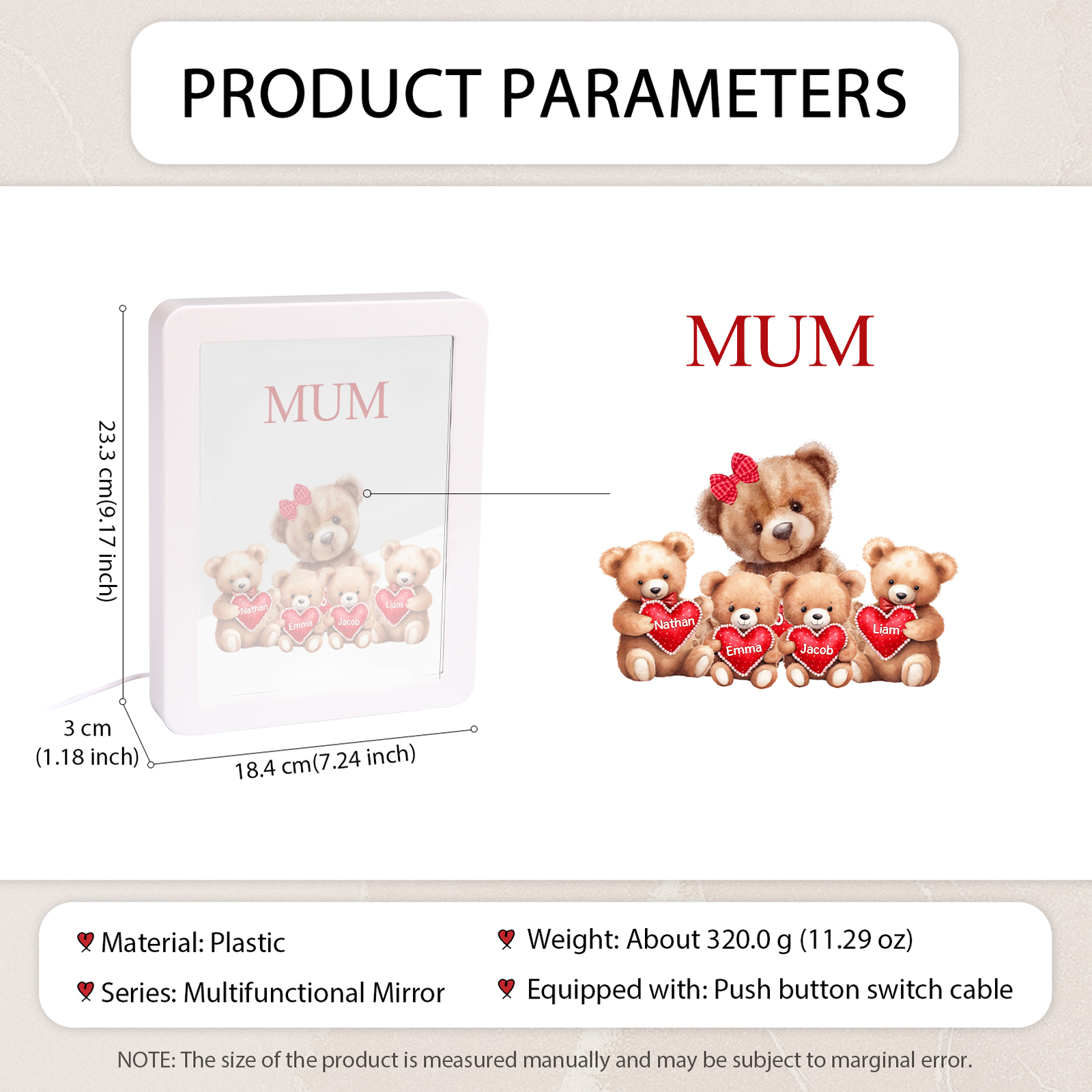 4 Names - Personalized Mum Home Bear Style Custom Text LED Night Light Gift for Mom