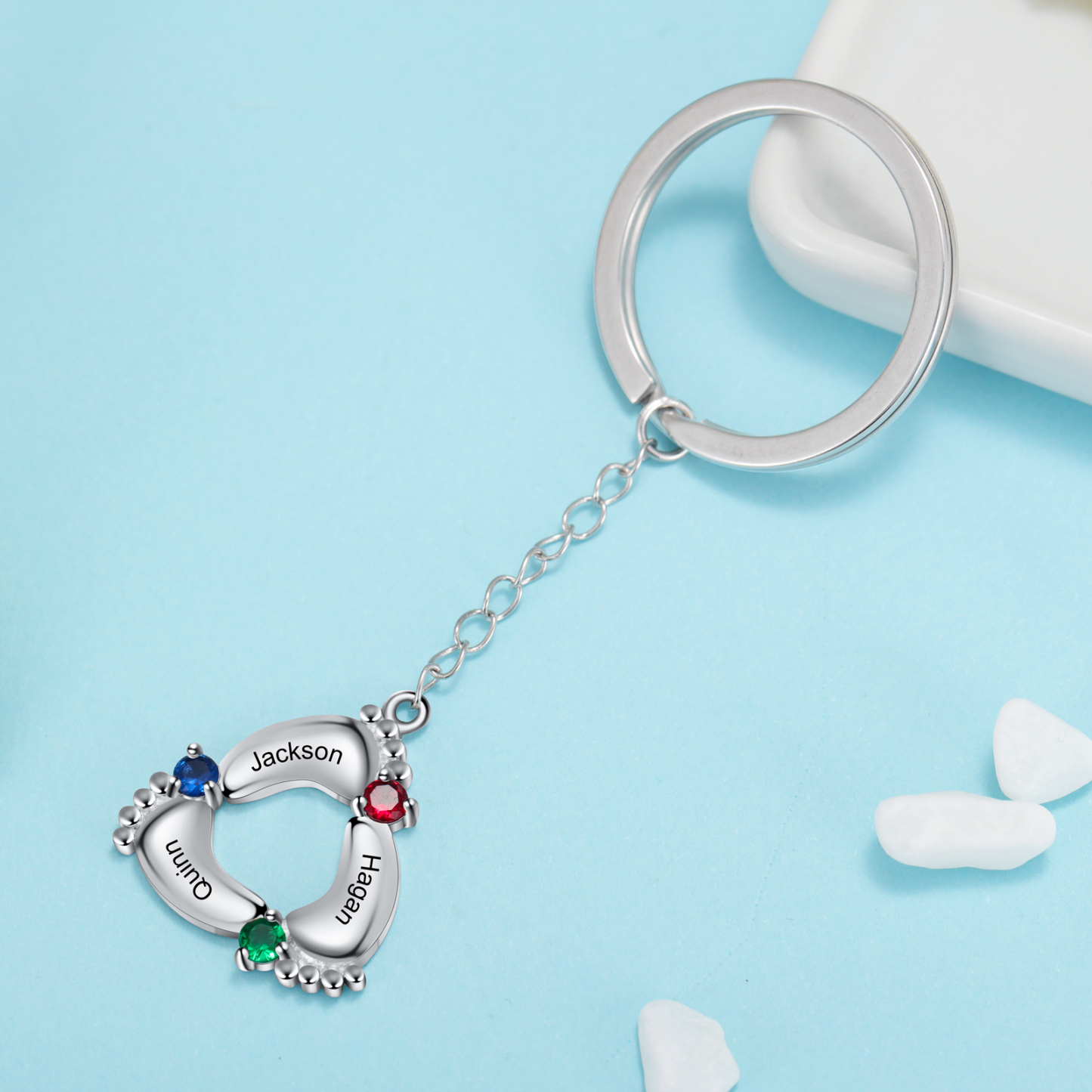 Personalized Baby Feet Keychain With 3 Birthstones Engraved names Keychain Gifts For Mother