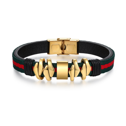 Personalized Leather Bracelet Custom 4 Names Mens Bracelet Silver and Gold