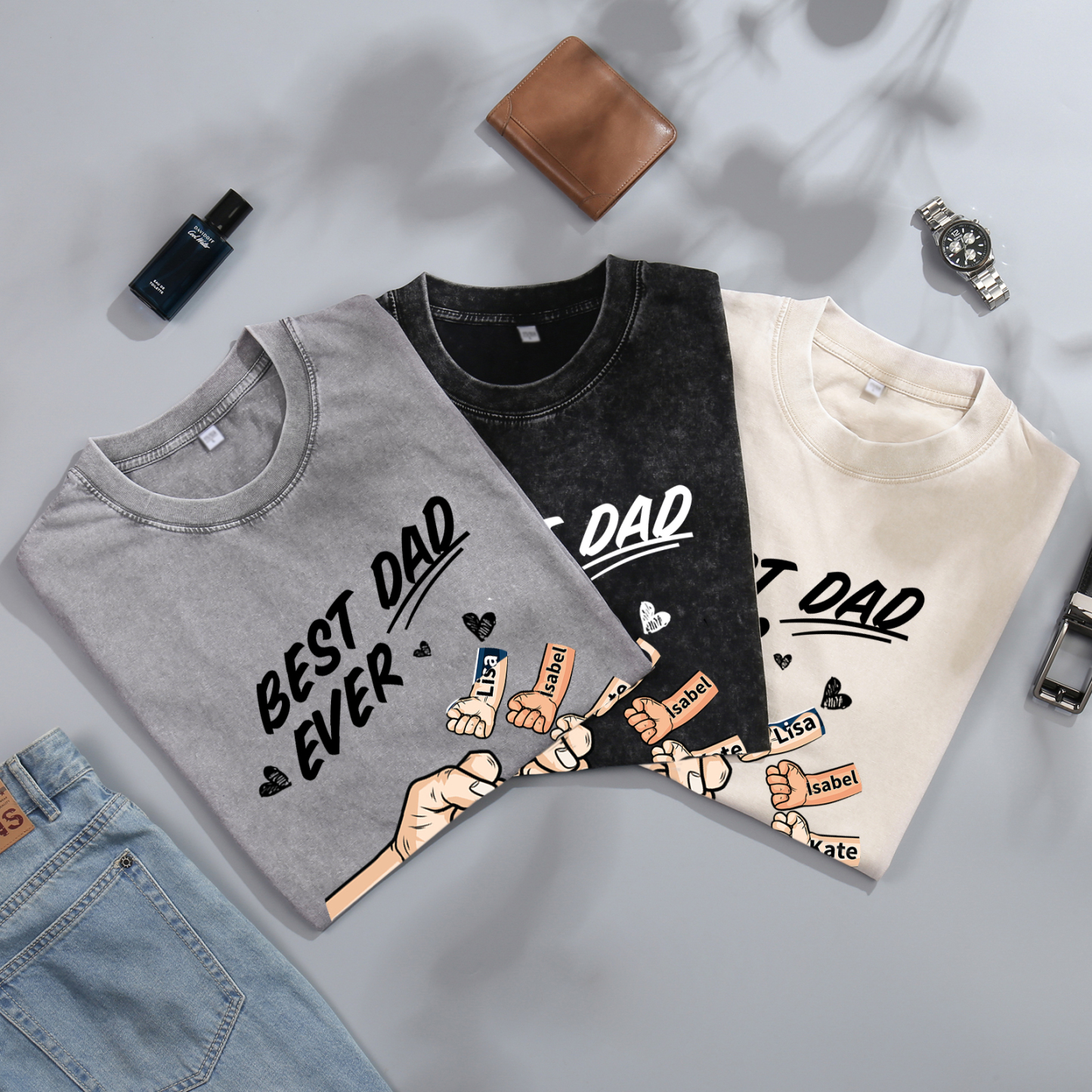 Best Dad Ever - Personalised 2–7 Names Family T-Shirt Custom Fist Bump Short Sleeve Father's Day Gifts For Dad
