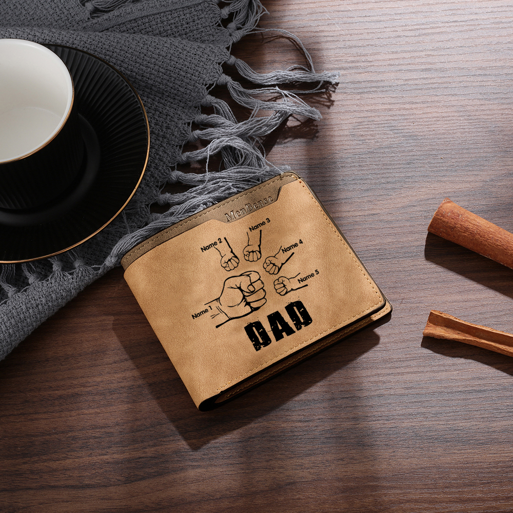 5 Names - Personalized Leather Men's Wallet Custom Photo Fist Fold Wallet with Gift Box for Dad