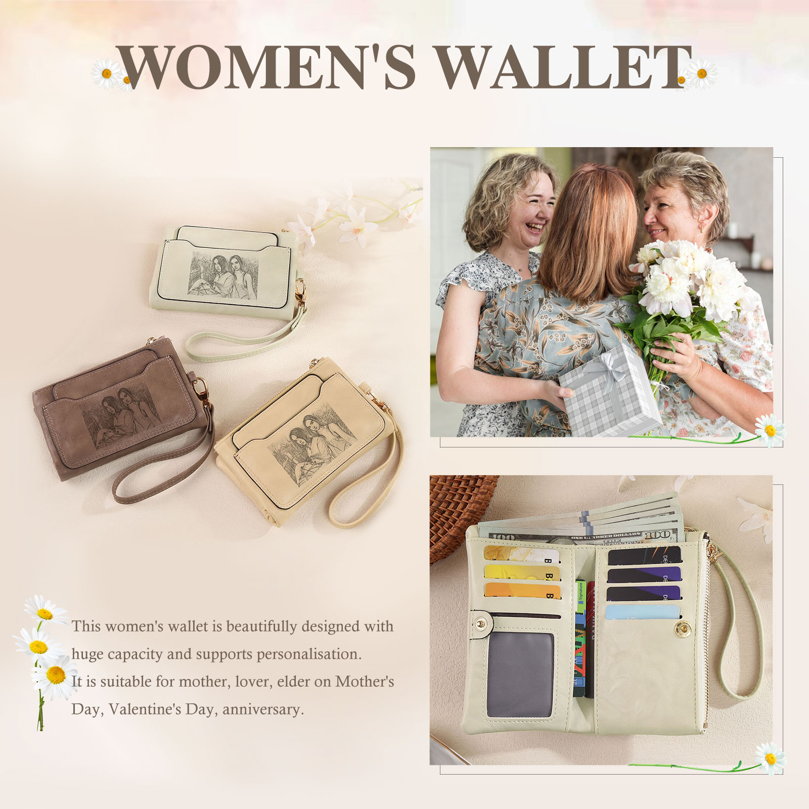 Personalized Photo & Text PU Leather Wallet Coin Purse Three Colors Available Gift for Her