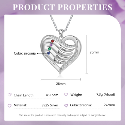 4 Names - Personalized S925 Silver Heart Necklace with Birthstone and Name, Beautiful Gift for Her