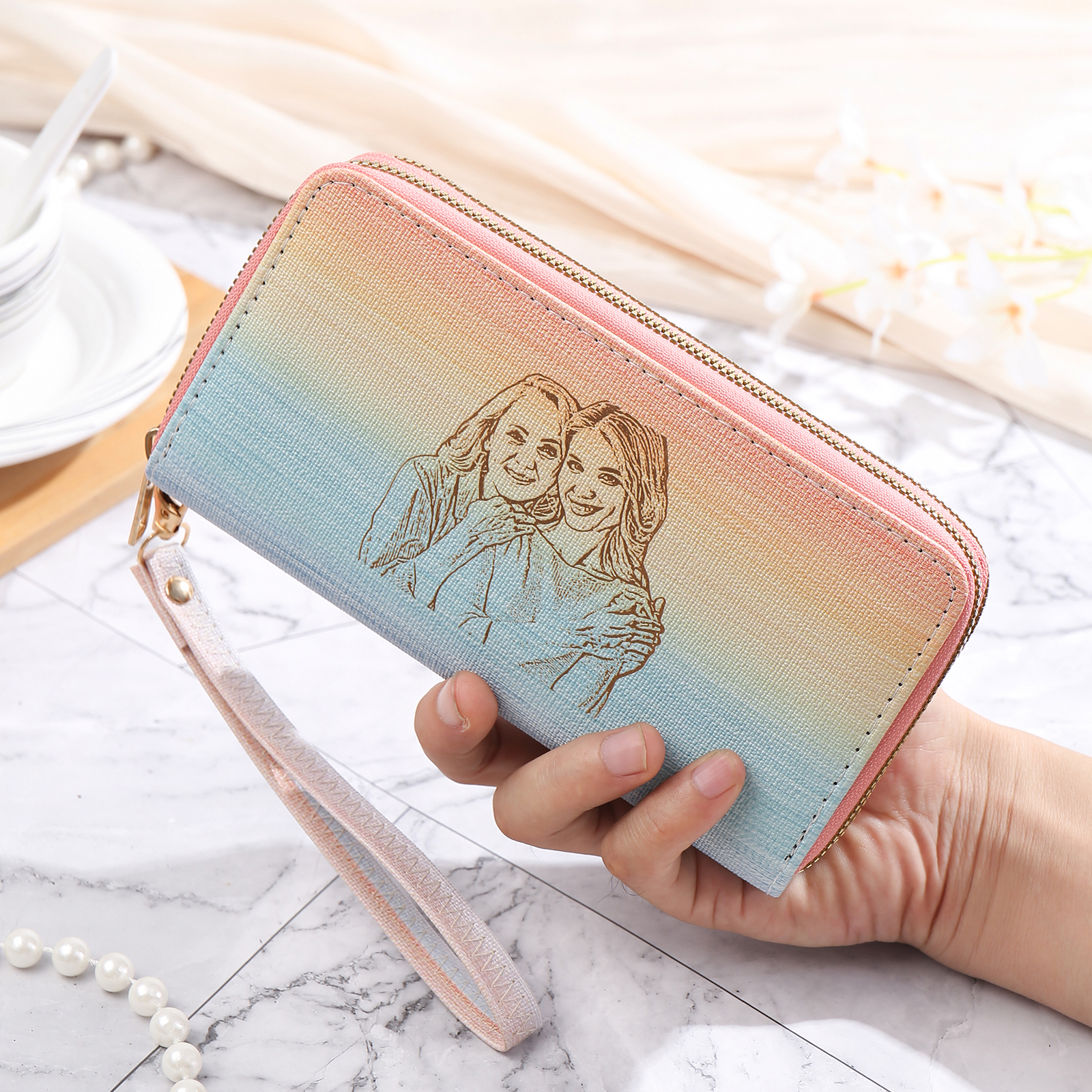 Women's Personalized Photo PU Leather Rainbow Long Zipper Wallet for Her | Jessemade