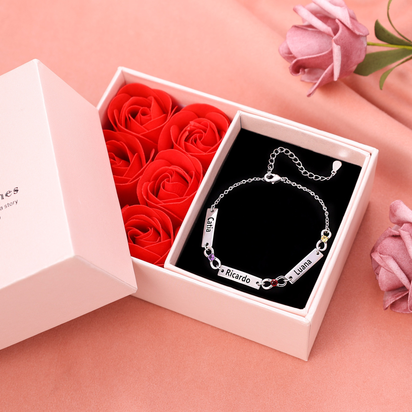 1 Name-Personalized Infinity Bracelet With Rose Gifft Box, Custom Bracelet With 1 Birthstone Engraved Names Bracelet Gift For Women